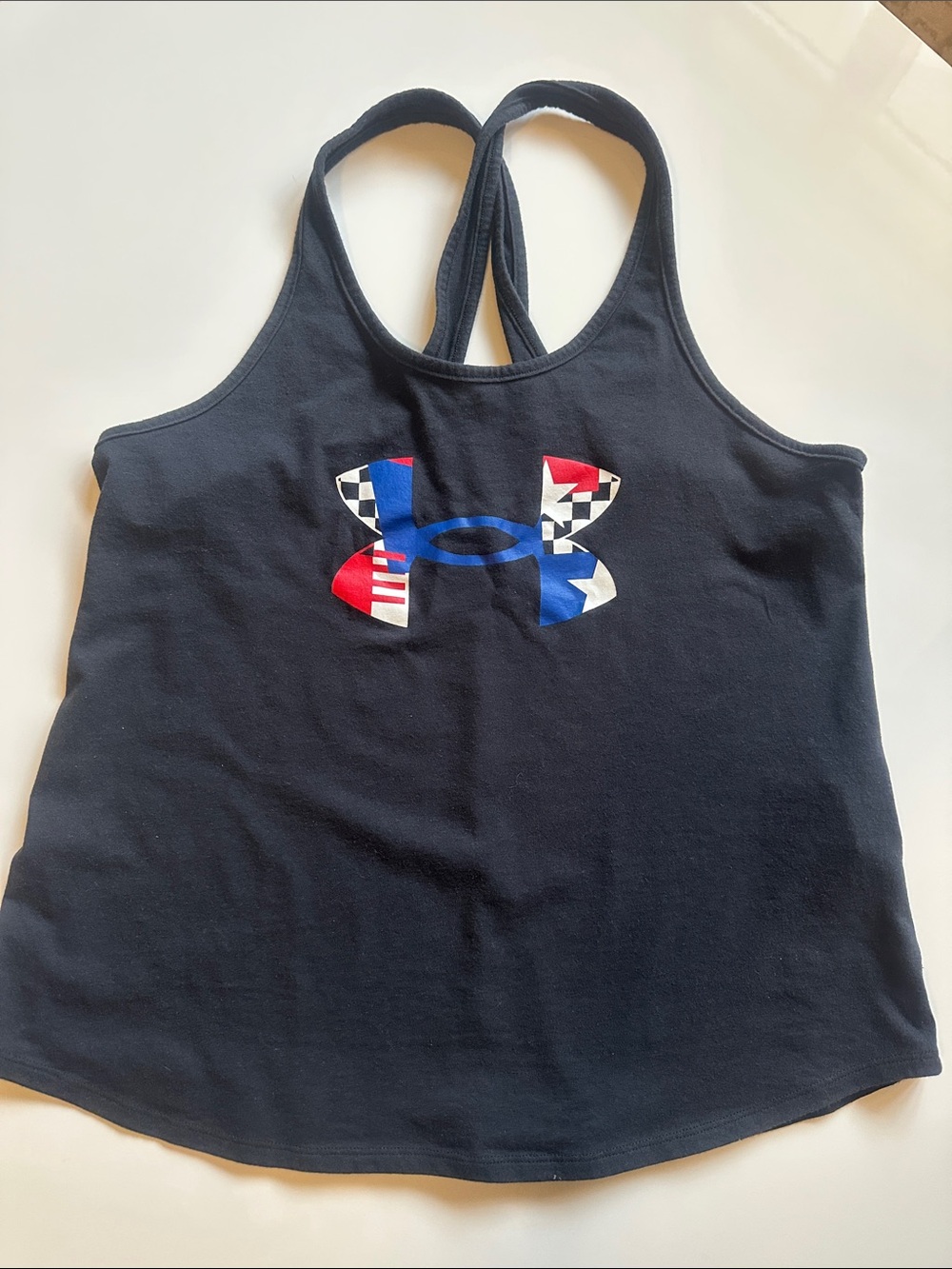Under Armour Black Racerback Tank with Red, Blue, White Logo